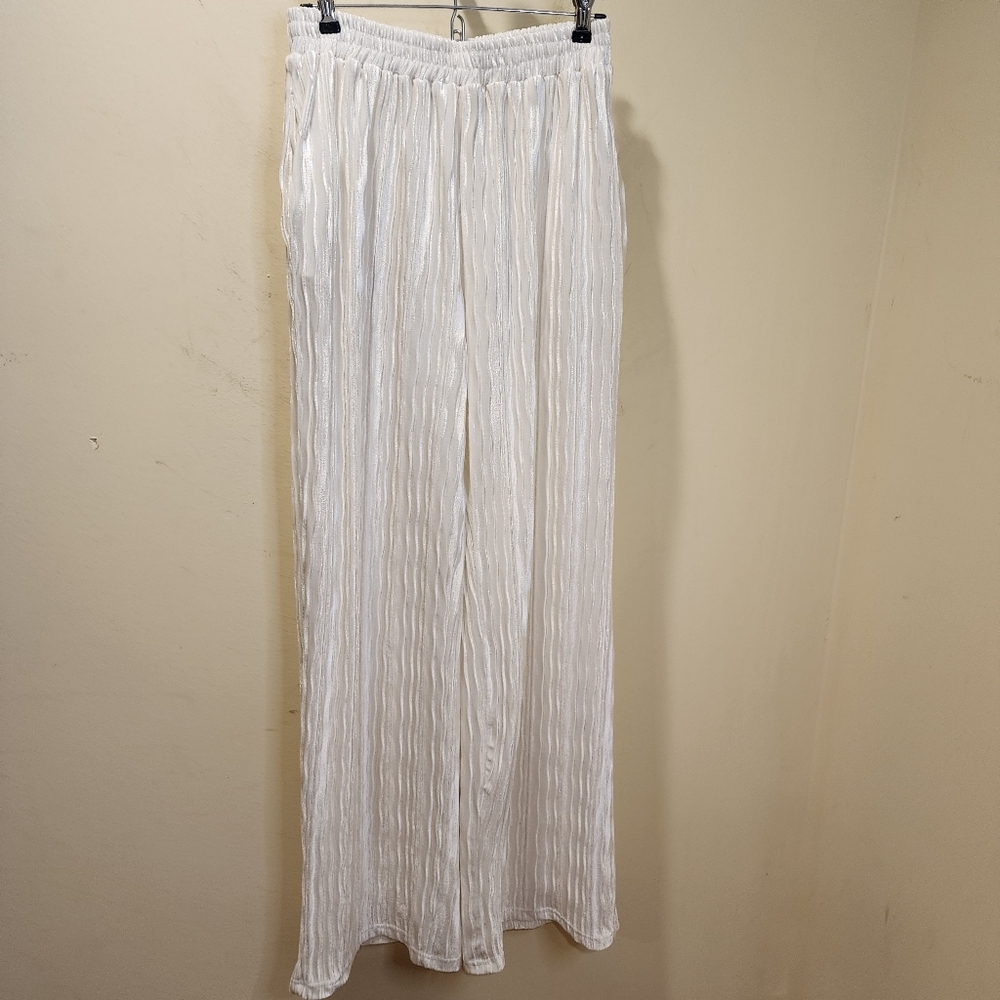 Mi Ami For Francesca's  White Pleated Wide-Leg Velour Elastic Waisted  Pants S